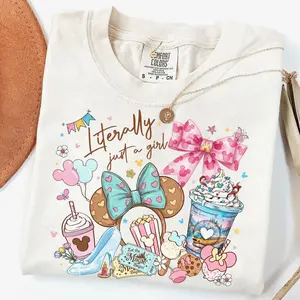 Coquette Bow Literally Just A Girl Shirt,  Girls Trip Shirt, Ears Park Trip Shirt, Comfortable Cotton Casual Wear For Theme Park Lovers KCEK8