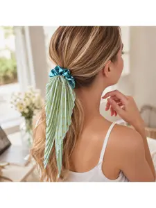 Handmade Vintage Pleated Scarf Scrunchie with Long Ribbon Streamers, Gold Foil Star Print Ponytail Holder, Elegant Satin Chiffon Hair Tie for Women and Girls, Soft No Damage Hair Rope for Thick Hair, Cute Christmas Halloween Birthday Holiday Gift for Mom