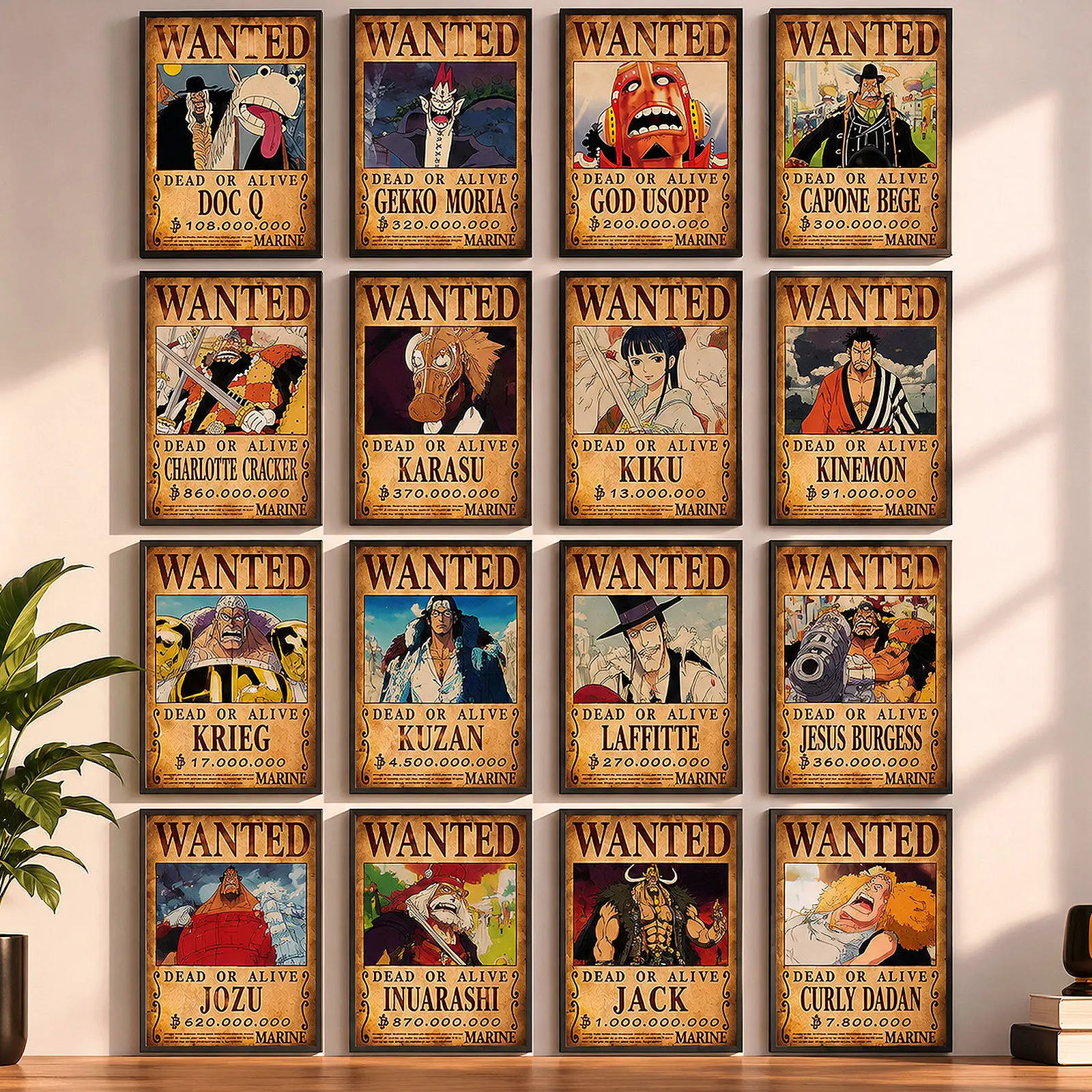 1Piece Pirate Wanted Bounty Poster Set of 16 – Vintage Manga Character Wall Art, Unframed HD Print, Retro Japanese Anime Posters, Bedroom & Gaming Room Decor, Perfect Gift