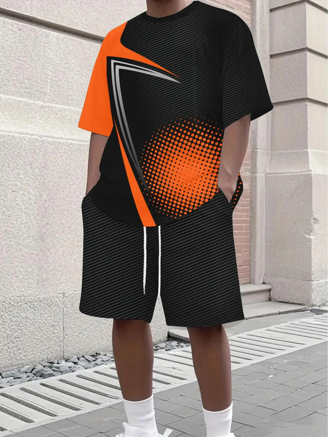 Men's Table Tennis Jersey Set, Casual Geometric Print Round Neck Short Sleeve Tee & Shorts, Breathable Quick Drying Sports Set for Men