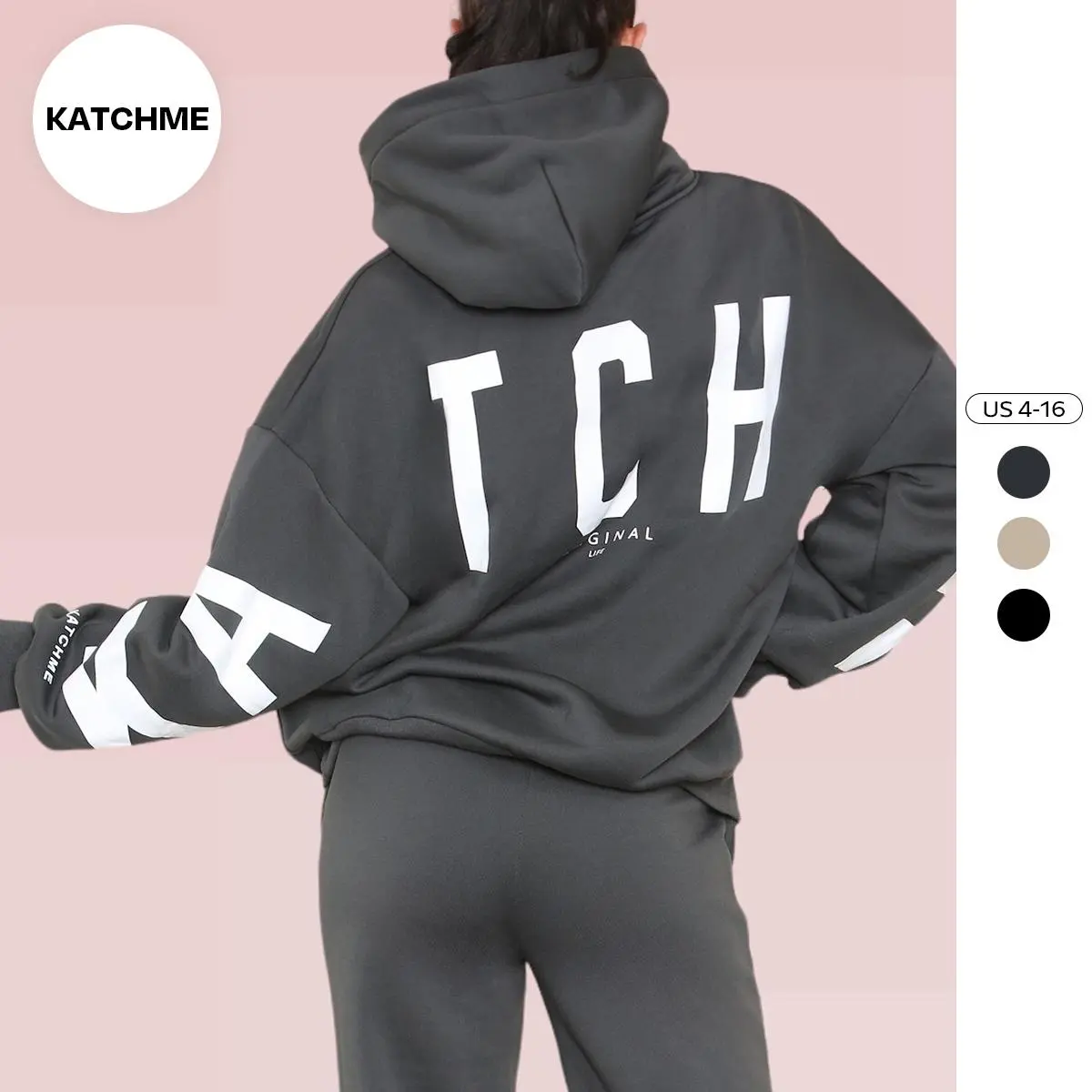 KatchMe Women's Slouchy Plus Size Hooded Drop Shoulder Sweatshirt with Letter Print, Oversized Long Sleeve Pullover, Casual Jumper for Fall & Winter (US)