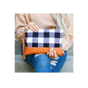 Buffalo Plaid Clutch - Oversized Wristlet Cotton and PU Leather Combo with Zipper Pocket, Removable Wristlet Strap