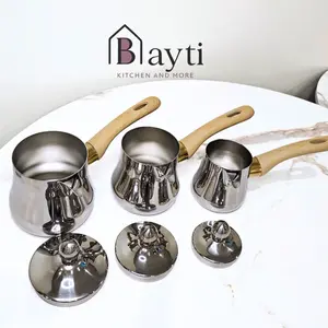 Bayti Premium Thick Stainless Steel Turkish Coffee Pot Set of 3 with Wooden Handles for Rich Flavor and Aromatic Brew
