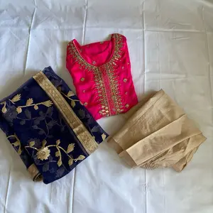 Formal 3 Piece Dress for Women - Pink & Navy Blue Party Wear with Intricate Embroidery and mirror work- Womenswear