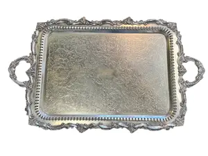 Elegant Pierced Silverplate Tray with Rococo Handles Floral Engraving & Shell Accents 24.5" x 18" Vintage Serving Tray