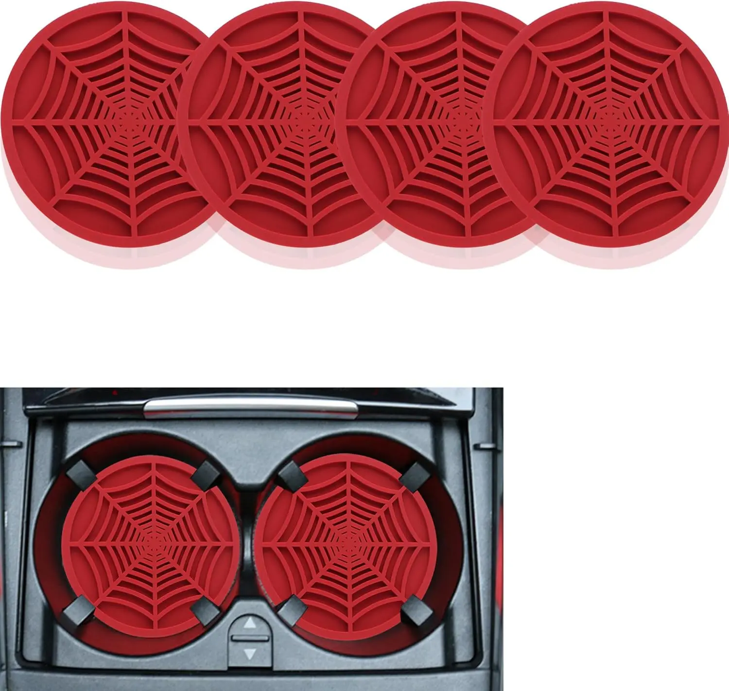 4PCS Silicone Car Coasters,Unique Spider Web Non-Slip Car Cup Holder Coaster Car Interior Accessories,Universal 2.75 Inch Car Drink Coaster for Women Men (Red)