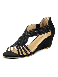 PIZZ ANNUWomen's Diana Low Wedge Sandals, Sparkly Rhinestone Open Toe Design, Perfect for Bridal, Dance & Evening Wear, Stylish Ladies' Footwear