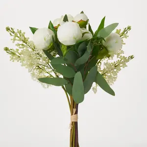 Mixed Spring Bundle Bouquet of 13 Faux Peony Buds, Lilac & Eucalyptus Stems - 15"