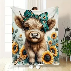 1Pc Cozy Highland Cow Print Flannel Throw Blanket - Soft, Warm & Versatile For Couch, Bed, Office, And Travel - Perfect Gift For All Seasons, Suitable For Sofa, Bed, Car, Office, Camping, Travel