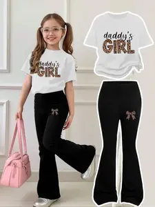 Girls' Leopard Print Short Sleeve & Bell Bottoms Set, Fashion Clothes Set, Casual Fitted Round Neck, Breathable Comfort, Perfect for Outdoor Activities