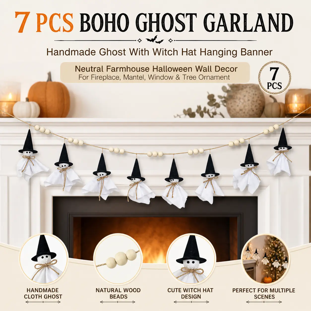 7 Pcs Boho Ghost Garland With Wooden Beads, Handmade Cloth Ghost With Witch Hat Hanging Banner, Neutral Farmhouse Halloween Wall Decor For Fireplace, Mantel, Window & Tree Ornament