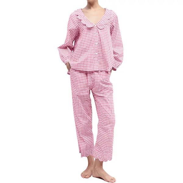 Women's Gingham Pajama Set, Button-Down Loungewear with Wave V-Neck, 2 Piece Sets with Pockets for Girls' Nights, Buttons, Cotton