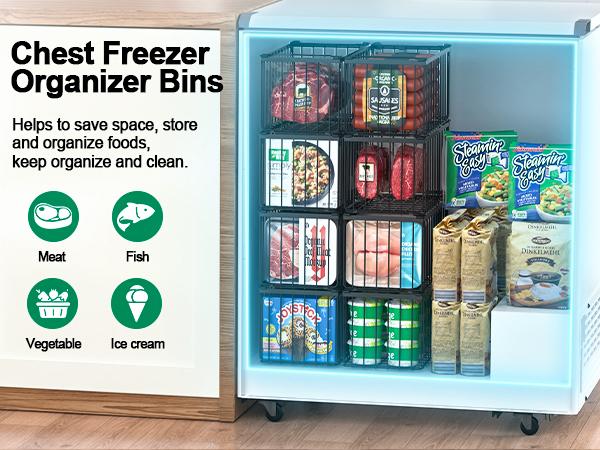 StowCraft Upgraded Freezer Organizer Bins 4 Pack MAX Capacity Stackable Baskets for 5/7 Cu.FT Deep Freezers Sturdy Rust-Proof Metal 15.1"x8"x7" Airflow-Friendly Cooling Foldable Handles Open Wire Design