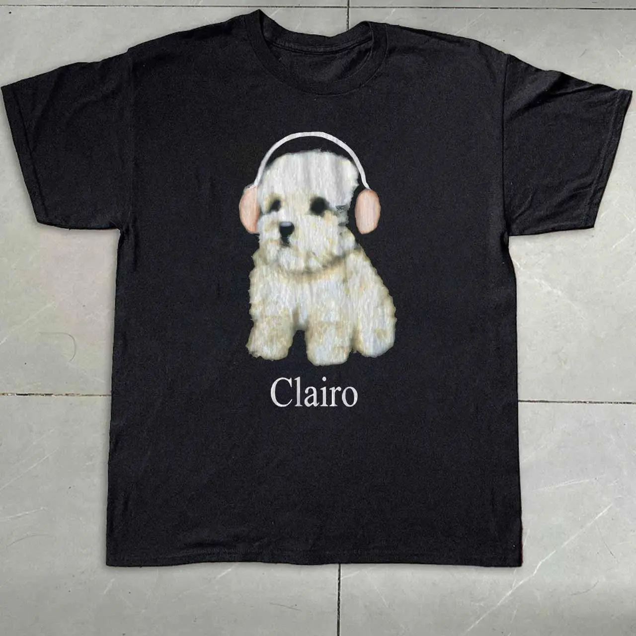 Gildan Women's Black T-shirt, Clairo Dog Black T-shirt, Cute White Puppy Graphic T-Shirt, Dog with Headphones Tee, Music Lover Puppy Shirt, Fluffy Dog Graphic Tee, Unisex Cute Pet Shirt, Animal Lover Gift Womenswear Tops