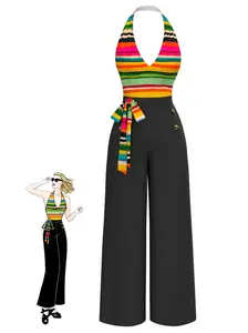 MULTICOLOR 1970S STRIPED BOW HALTER JUMPSUIT WOMENSWEAR OVERALLS Sleeveless