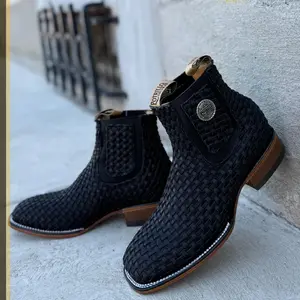 Botin Petatillo Black Leather Square Toe Chelsea Boots Ankle  Botin Negro
