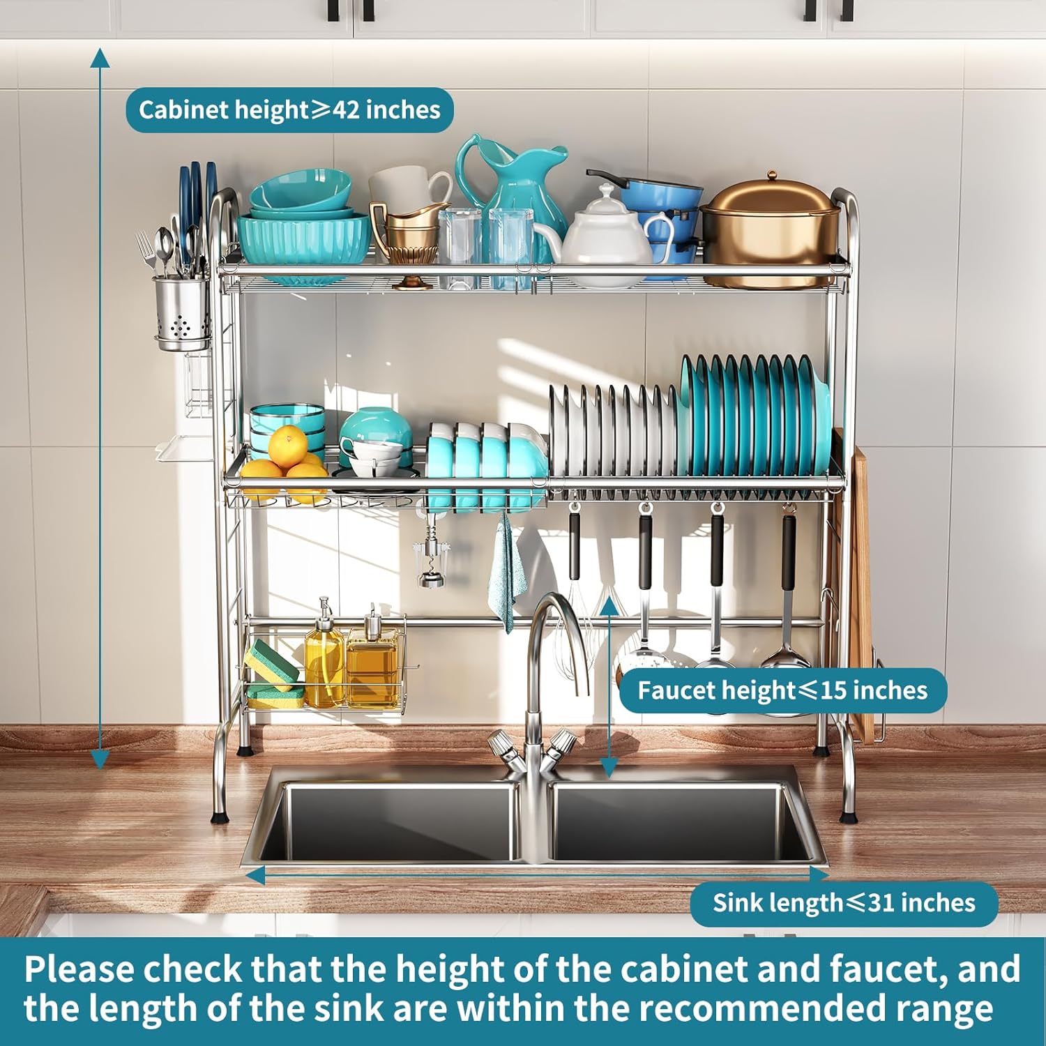 3-Tier Over The Sink Dish Drying Rack,Stainless Steel Dish Rack with Cutlery Holder & Chopping Board Rack, 33.9” x 11.4” x 32.3” for Maximum Kitchen Storage（Black）