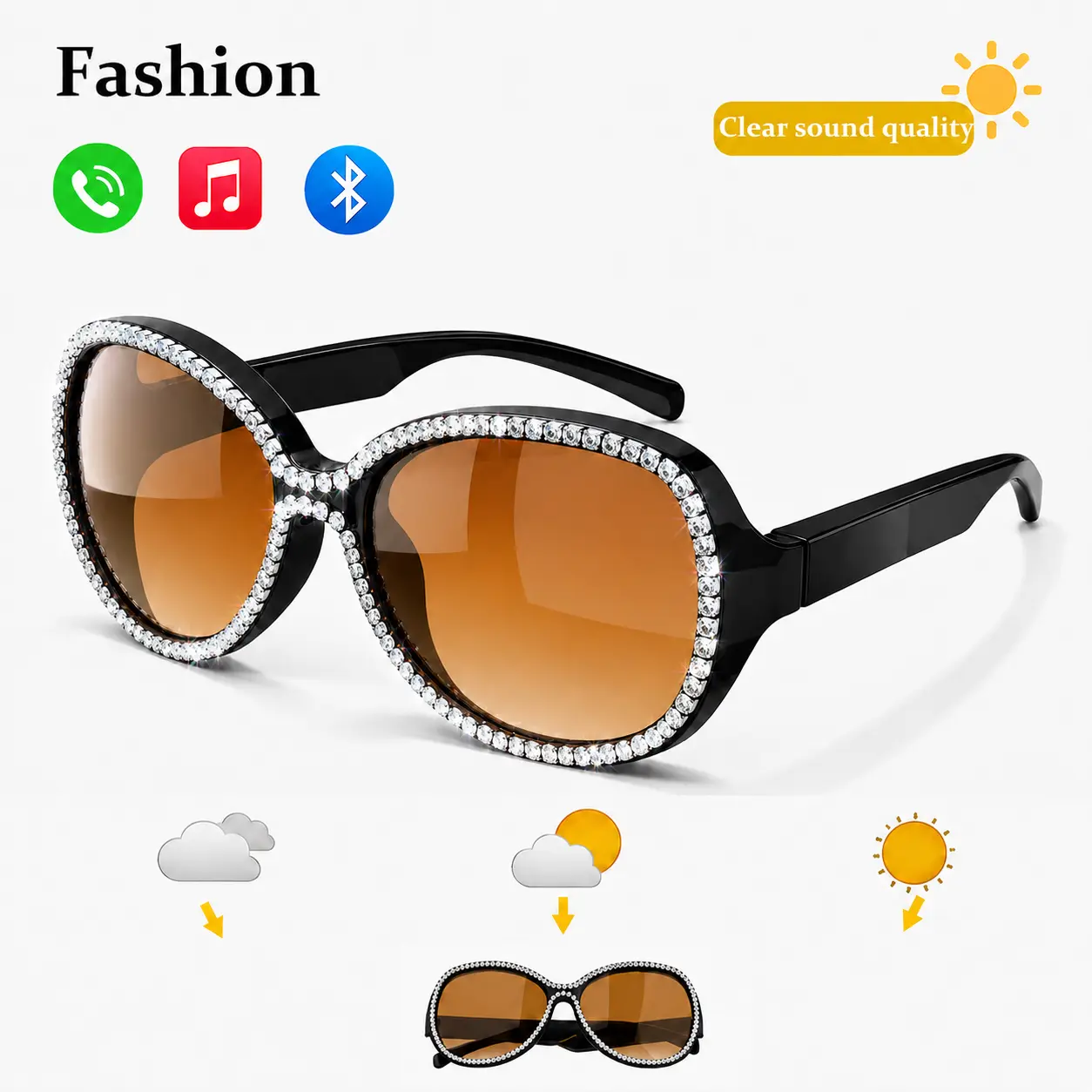 Women's Multifunctional Modern Smart Glasses - Wearable Smart Bluetooth Audio Eyewear with Diamond Rhinestones, Open-Ear Wireless Music & Calls, Touch Control, Voice Assistant, UV Protection for Beach, Daily Wear