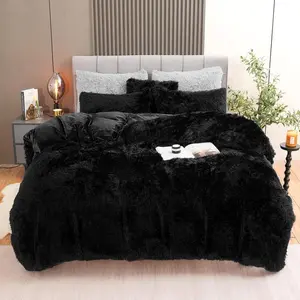 Fluffy Plush Black Duvet Cover Set, Luxury Ultra-Soft Fuzzy Quilt Cover Bed Sets (4 pieces: 1 faux duvet cover + 2 pillowcases + 1 pillow cover), Zipper Closure (Black)