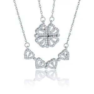 Silver 2-in-1 Deformable Heart Clover Zircon Necklace - Stainless Steel, 24cm Chain, 1.5cm×1.5cm Pendant, 5.1g/0.17oz - Summer Daily Wear Dainty Jewelry accessories
