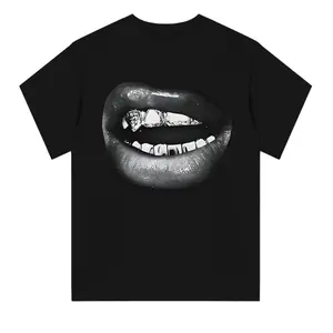 Women's Casual Short Sleeve T-Shirt with Bold Geometric Metallic Lips Print, Vintage T-Shirt, Y2k Clothing, Unisex Cotton Crewneck T-Shirt Menswear Womenswear Underwear Streetwear Top Hoodie Polyester