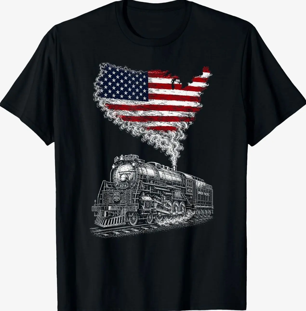 Men's Classic Short-Sleeve Cotton Fabric Locomotive US Flag Railroad Model Train Patriotic T-Shirt, Casual Men's Tops Clothes L0Y