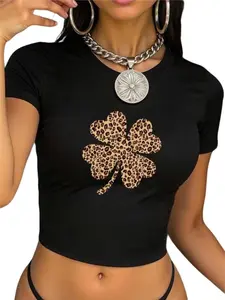 Women's Leopard Print Clover Design Crop Tee, Fashion Casual Crew Neck T-shirt for Daily Holiday Vacation Outdoor Wear, Ladies Clothes for Spring & Fall, Tops