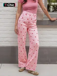 Women's Cute Heart Pattern Fitted Jeans, Casual Style All-Season Denim Jeans, Comfortable Wide-Leg Design, Perfect for Daily Wear