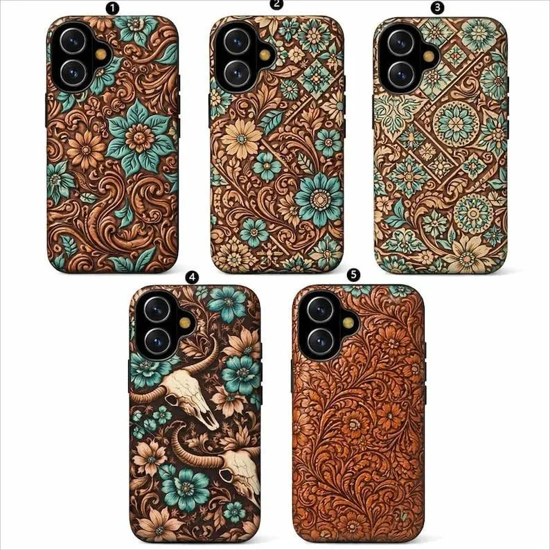 Western Cowgirl Floral Phone Case Collection Turquoise Tooled Leather Print Style Cover for iPhone 17 16 15, 14 13 12 11 Pro Max Plus