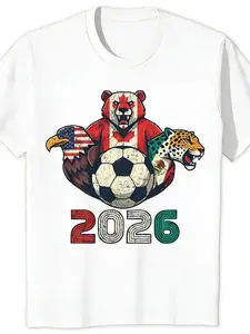 2026 World Cup Soccer Graphic T-Shirt, North America Animals & Football Print Casual Tee, Fan Streetwear for Matches, Trendy Retro Short Sleeve Top