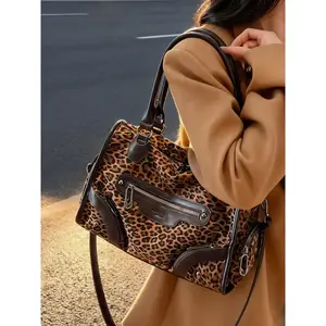 Vintage Leopard Print Tote Bag, Large Capacity Multi-Pocket Flap Pocket Design Crossbody Bag, Women's Versatile Commuter Suede Handbag Shoulder Bag