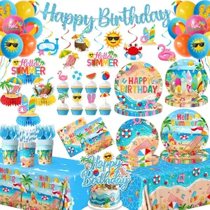 Beach Birthday Decorations Hello Summer Party Tableware Disposable Paper Plates,Napkins,Tablecloth,Cups,Balloon,Cake Topper,Banner for Hawaiian Summer Pool Themed Birthday Party Supplies,Serve 24