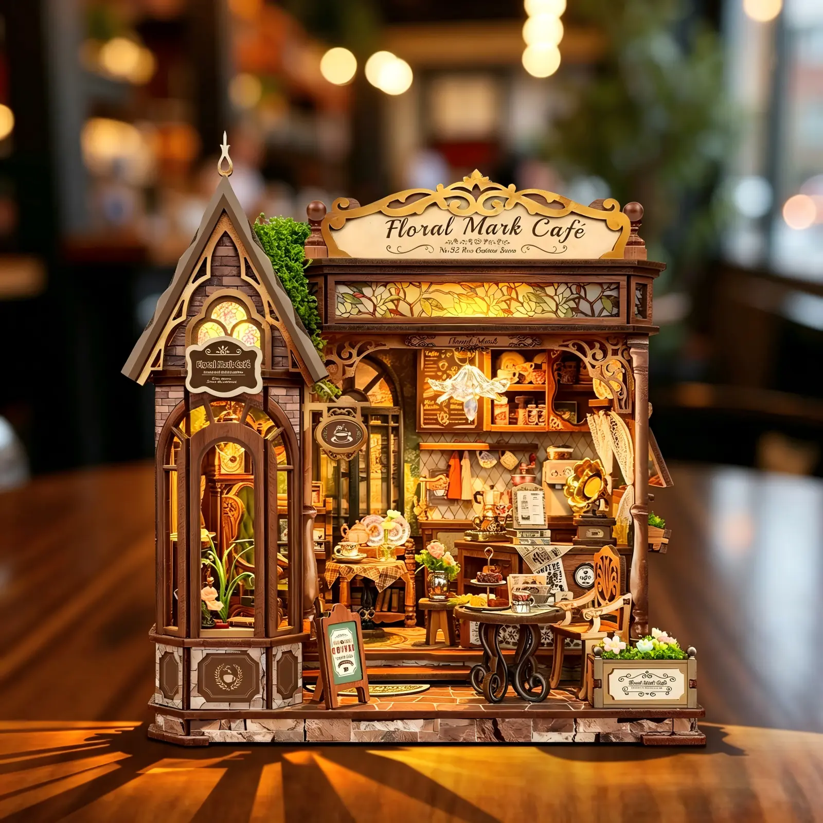 Floral Mark Café 3D Wooden Miniature Model Building Kit with LED Lights, Realistic Coffee Shop Details, Craft Ideas, All Seasons Cozy Hobby for Adults, Home Office Decoration