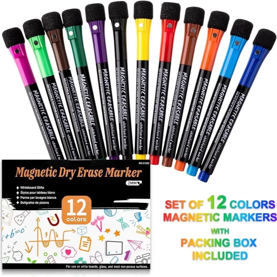 12 Color White Board Markers Magnetic Dry Erase Marker with Eraser Cap Low Odor Whiteboard Markers Erasable Markers Fine Point Markers Dry Erase Pens Fine Tip for Kids Calendar School