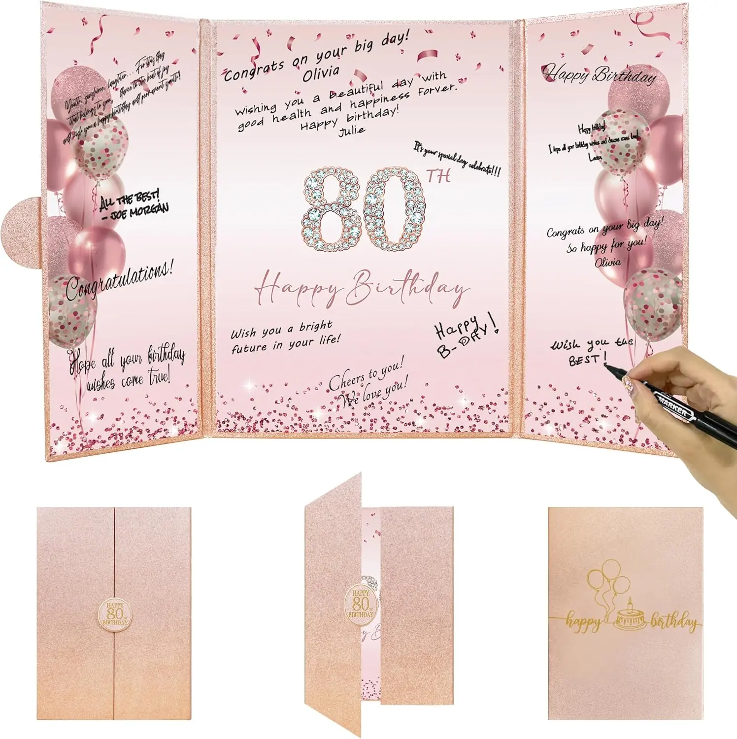 Rose Gold 80th Birthday Party Decorations Happy 80th Birthday Alternative Signature Guest Book for Women Pink Cheers to 80 Years Old Gifts 80 Birthday Signing Card Board Party Supplies