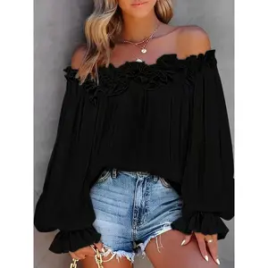 Plus Size Off-Shoulder Long Sleeve Top - Elegant Ruffled Loose Blouse, Solid Color Casual Shirt Womenswear Comfort