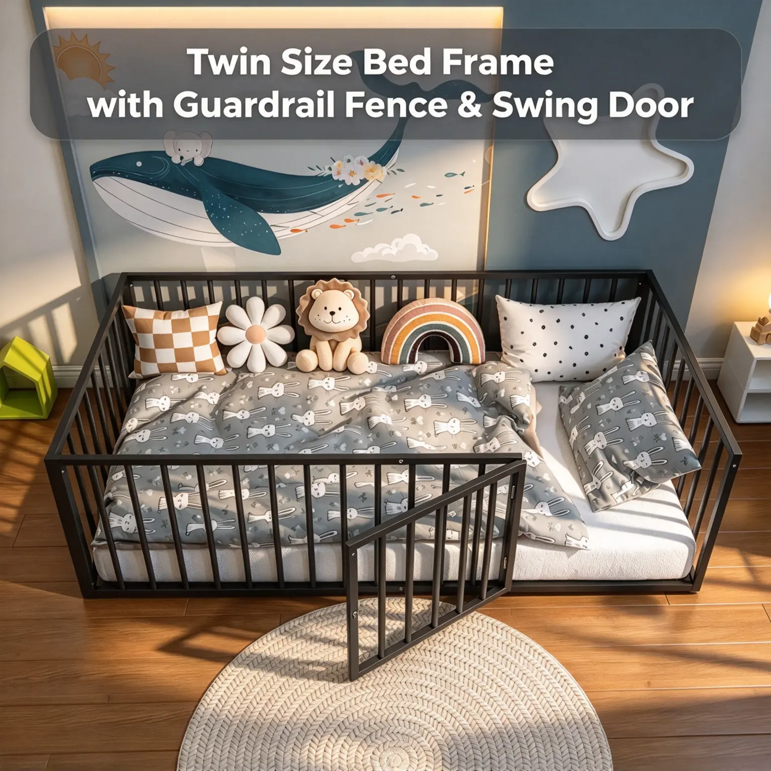 Twin Bed Frame - Safe Modern Steel Floor Bed with Guardrail Fence, Swing Door, Heavy-Duty Metal Construction, Low-Profile Design, No Box Spring, Easy Assembly, Indoor Bedroom Furniture