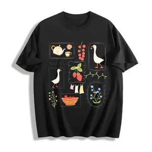 Vintage Cottagecore Goose Floral Graphic T-Shirt, Retro Farm Aesthetic Tea Strawberry Art Tee, Country Vintage Botanical Graphic Shirt, Unisex Casual Tee