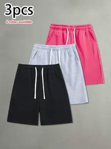 Pack of 3 summer men’s casual shorts featuring a drawstring elastic waistband; skin-friendly and breathable, loose fit suitable for everyday wear, leisure, sports, and fitness.summervibes
