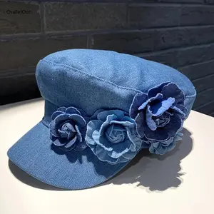 2026 Spring Autumn Women's Denim Rose Design Baseball Cap & Octagonal Beret Hat, Stylish for Parties, Dates, Outdoor Camping, Ideal Gift,summervibes