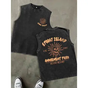 Retro Washed Black Sleeveless Tank Top | Back “Spooky Island” Graphic | Vintage Horror Streetwear | 100% Cotton Unisex Oversized Vest | Great Gift for Retro & Spooky Fans