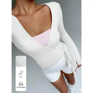 Soft, High Elasticity Pink Yoga Fitness Sports Wrap V-Neck Long Sleeve Crop Top, Fashion, Casual, Elegant All-Match Essential Design For Women, Spring & Autumn Fall Cloth For Women