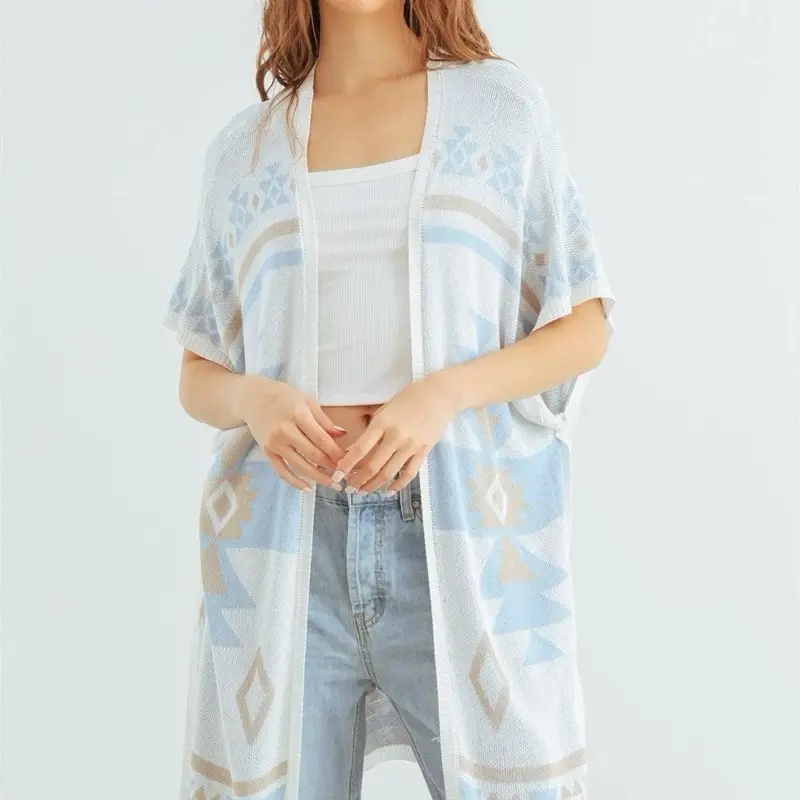 Sky Mix Tribal Aztec Print Knit Open Front Cardigan for Women - Blue & White  Geometric Patterned Fashion Top Cute Womenswear