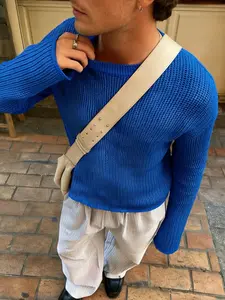 Men's Spring Summer Fall Winter Minimalist Round Neck Long Sleeve Pullover, Ribbed Solid Color Versatile Casual Daily Wear, Comfortable Fashion Design