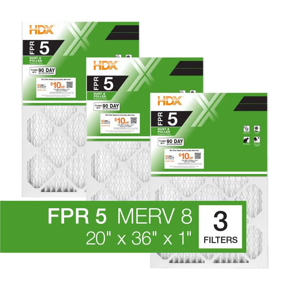 20 in. x 36 in. x 1 in. Standard Pleated Air Filter FPR 5, MERV 8 (3-Pack)
