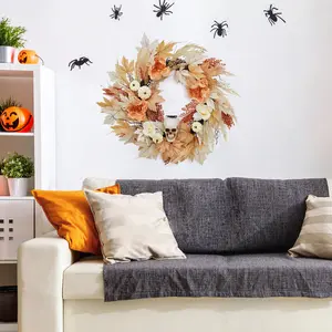 Garvee Halloween Door Wreath with Lights 20 in Pre-Lit Jack-o-Lantern Pumpkin Wreath for Front Door with Timer 20 LED Lights Black Leaves Light Up Halloween Decorations for Indoor Outdoor Porch