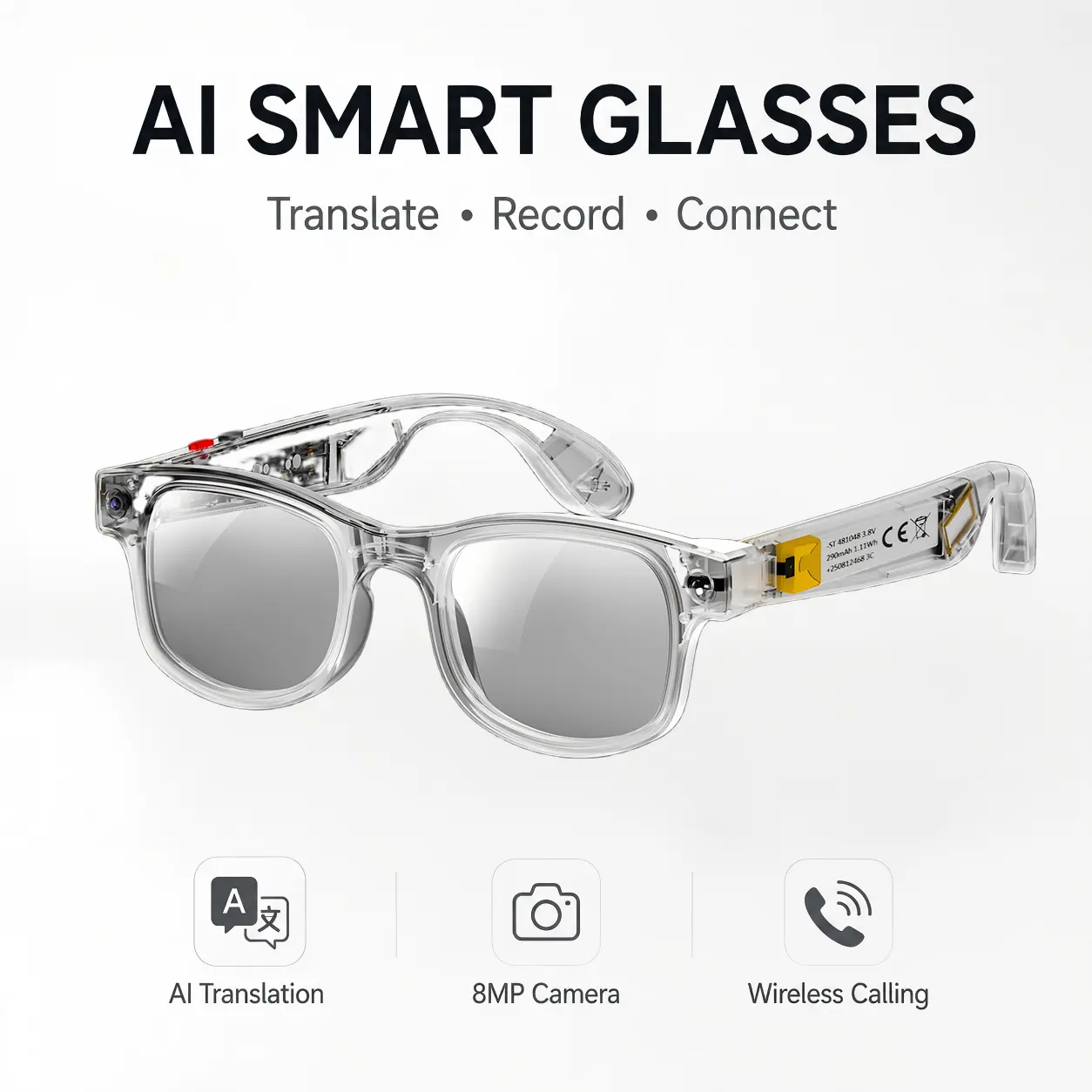 Wearable AI Smart Glasses - Bluetooth Enabled, Wireless Phone Calling, 8MP Camera, Real-Time Recording, Language Translation, Built-In Voice Assistant