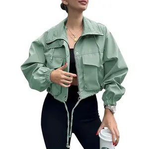 Women's Imily Bela Fashion Loose Cropped Long Sleeve Jacket - Zip-Up, Lightweight, Adjustable Utility Anorak Coat with Pockets, Customized Fabric, Ideal for Streetwear, Smart Casual