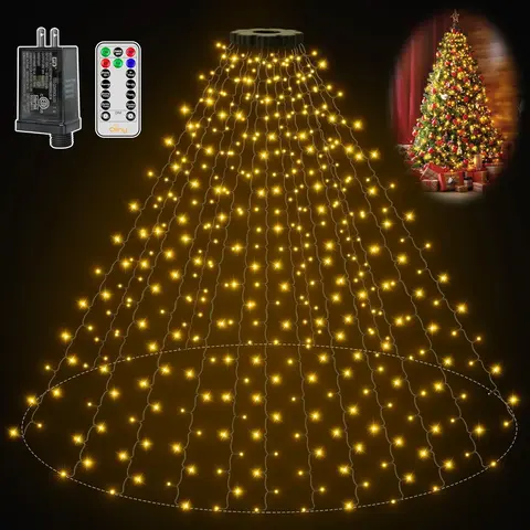 Ollny Integrated Tree-Shape Cascading Christmas Lights - 400LED Plug-Powered PVC, 8.2ft×16 Strings with Hangable Ring, 8 Modes, 3 Timers, Dimmable Remote, IP44 Waterproof/Windproof, Color Changing, Hang on Tree Top Decoration for Events, Manual Included