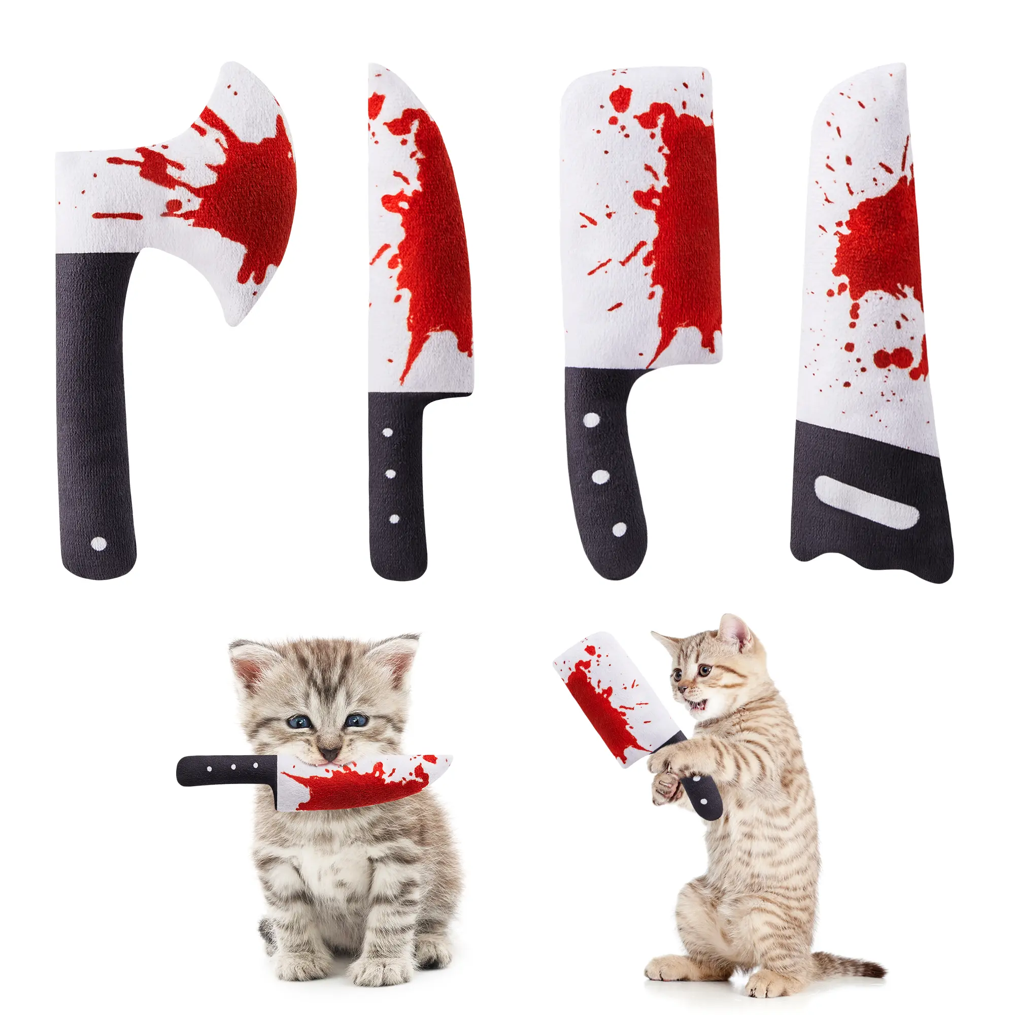 Potaroma Halloween Horror Knife-Shaped Cat Toys - 4-Pack 6.5in Crinkly Bite Resistant Fabric Supplies, Dual Stimulation Natural Silvervine Flavor Kitten Chew Toys, Indoor Physical Exercise Accessories for All Cat Breeds, Halloween Decor